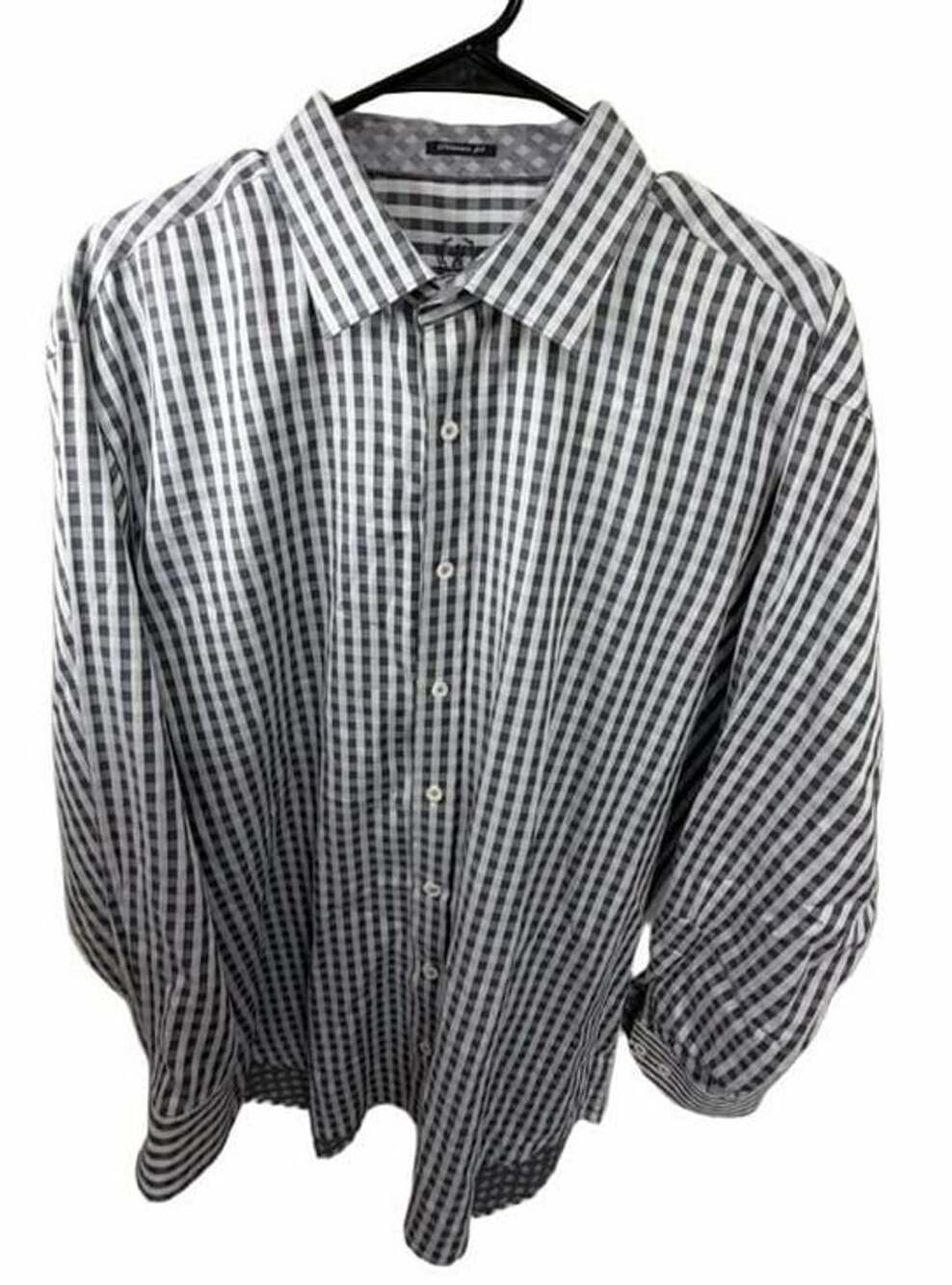 Bugatchi Uomo Classic Fit Men’s XL Gray White Gingham Check 100% Cotton Shirt